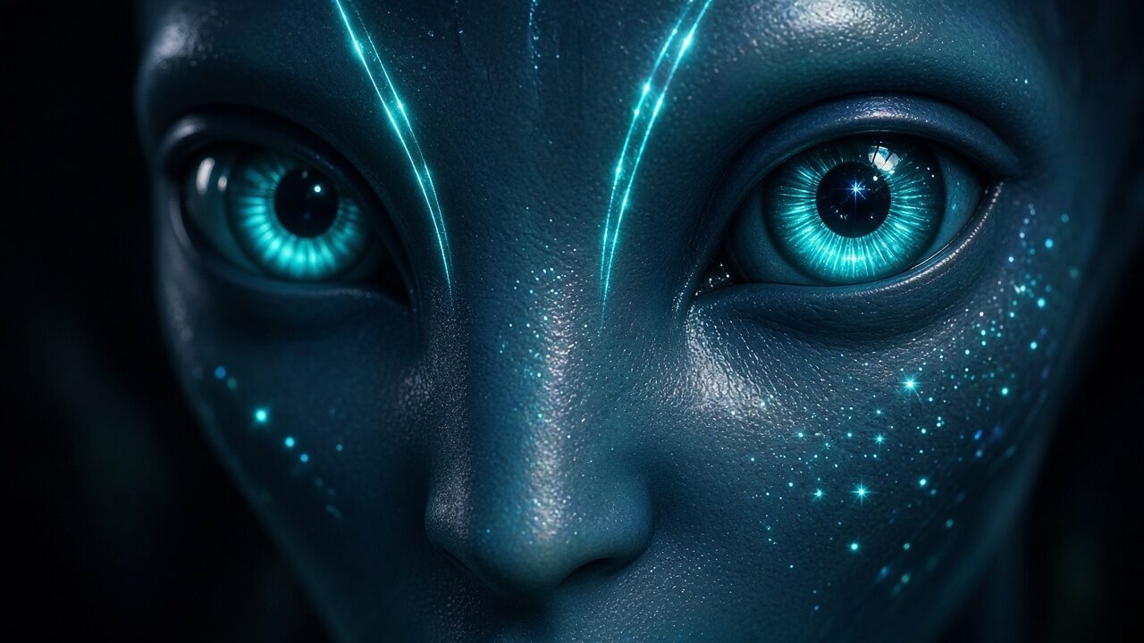 Face close-up: Cyan-ringed eyes, twin glowing stripes, pearlescent deep-teal skin (AI-generated illustration)