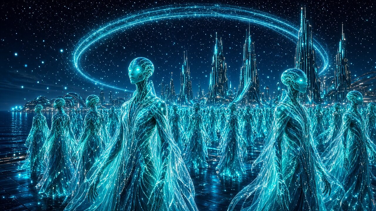 The Glitter Tide: Nethrai gather as millions of photophores flash in unison (AI-generated illustration)