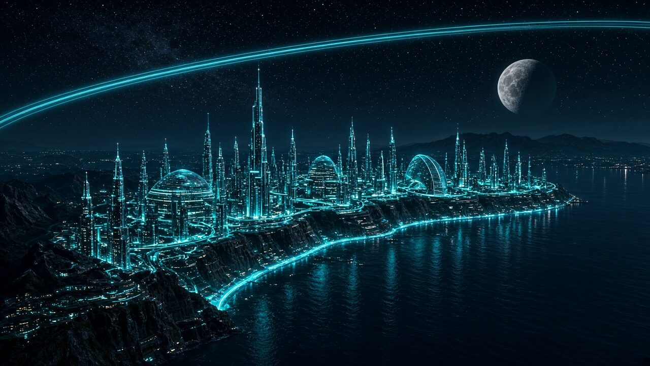 Qirport at night: The terraced crescent city along the fjord coast, under the orbital ring (AI-generated illustration)