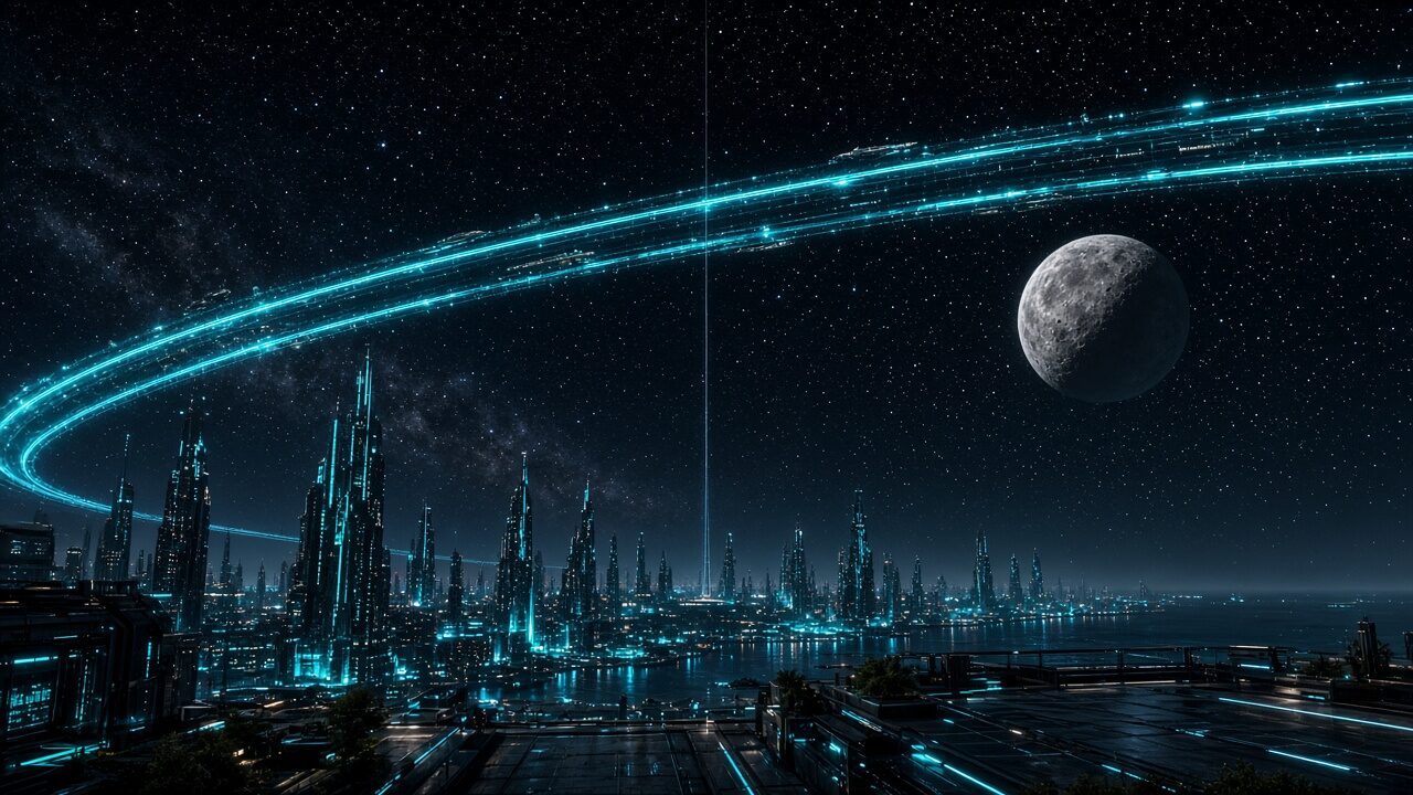 The orbital ring from Qirport: The ring arcs over the skyline, as seen from Zenith Plaza (AI-generated illustration)