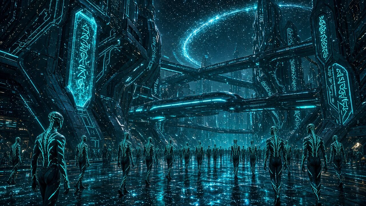Street level: Crowds among the arcology towers and holo-signage (AI-generated illustration)