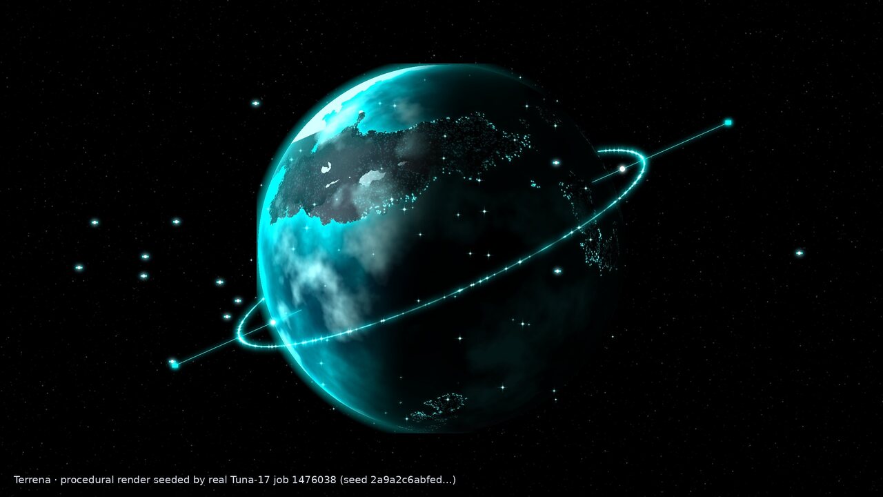 Terrena: a cyan ocean world with dark-teal continents, glowing coastal cities and an orbital ring